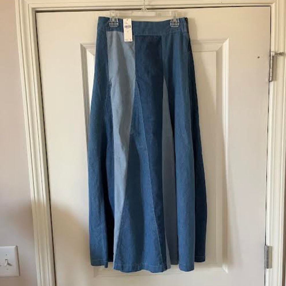 NWT ANTHROPOLOGIE LOVE THE LABEL COLOR BLOCKED DENIM MIDI SKIRT Size L